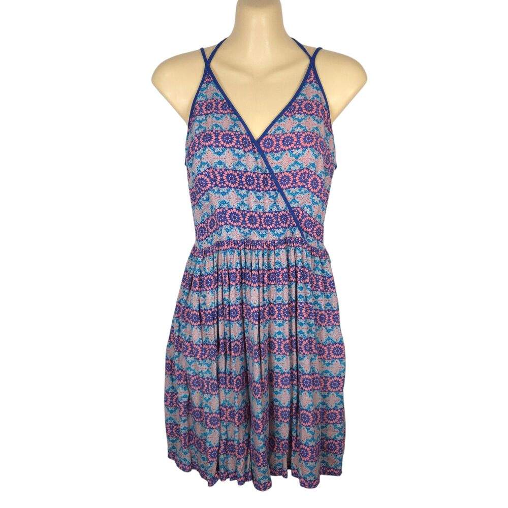 Forever 21 Blue Pink Geometric Faux Wrap Cami Sun Dress M